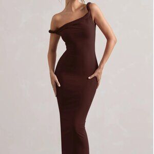 Salome Chocolate Brown Twisted Asymmetric Midi Dress
